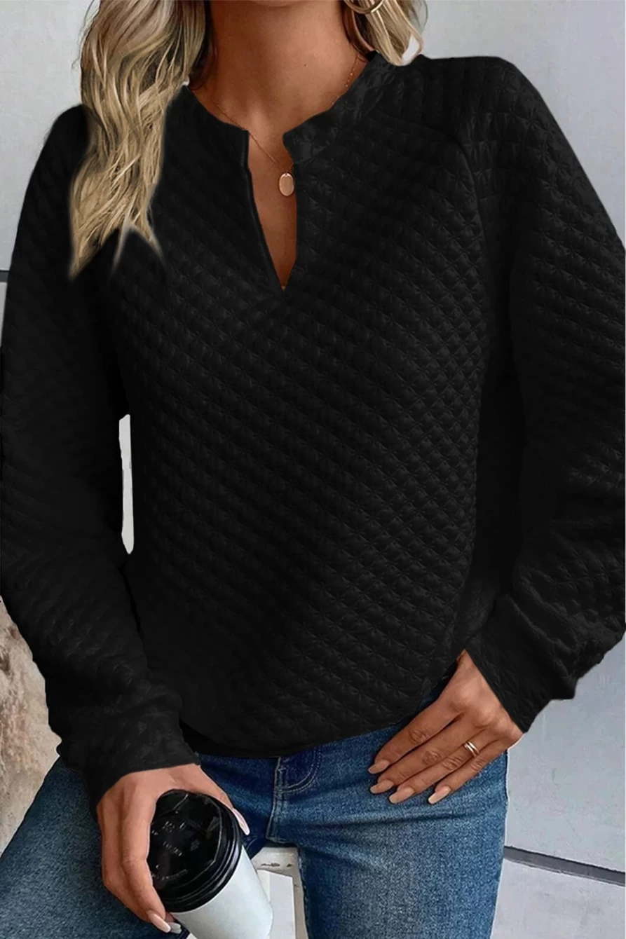 Shewin Women's Black Quilted V-Neck Long Sleeve Solid Color Top