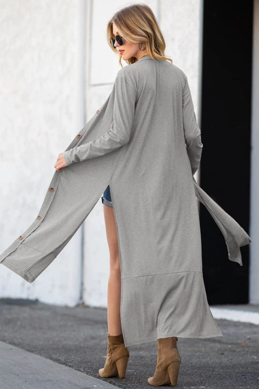 Shewin Women's Gray Ribbed Button-Up Cardigan with Side Split Duster Design