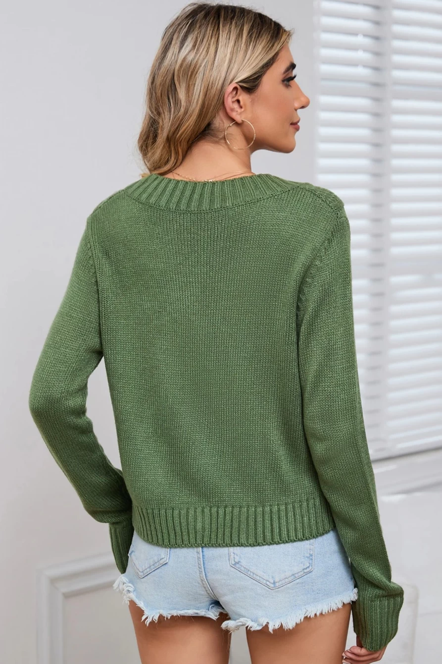 Women's Green Textured Cropped Cardigan Sweater with Pocket Buttons - Shewin
