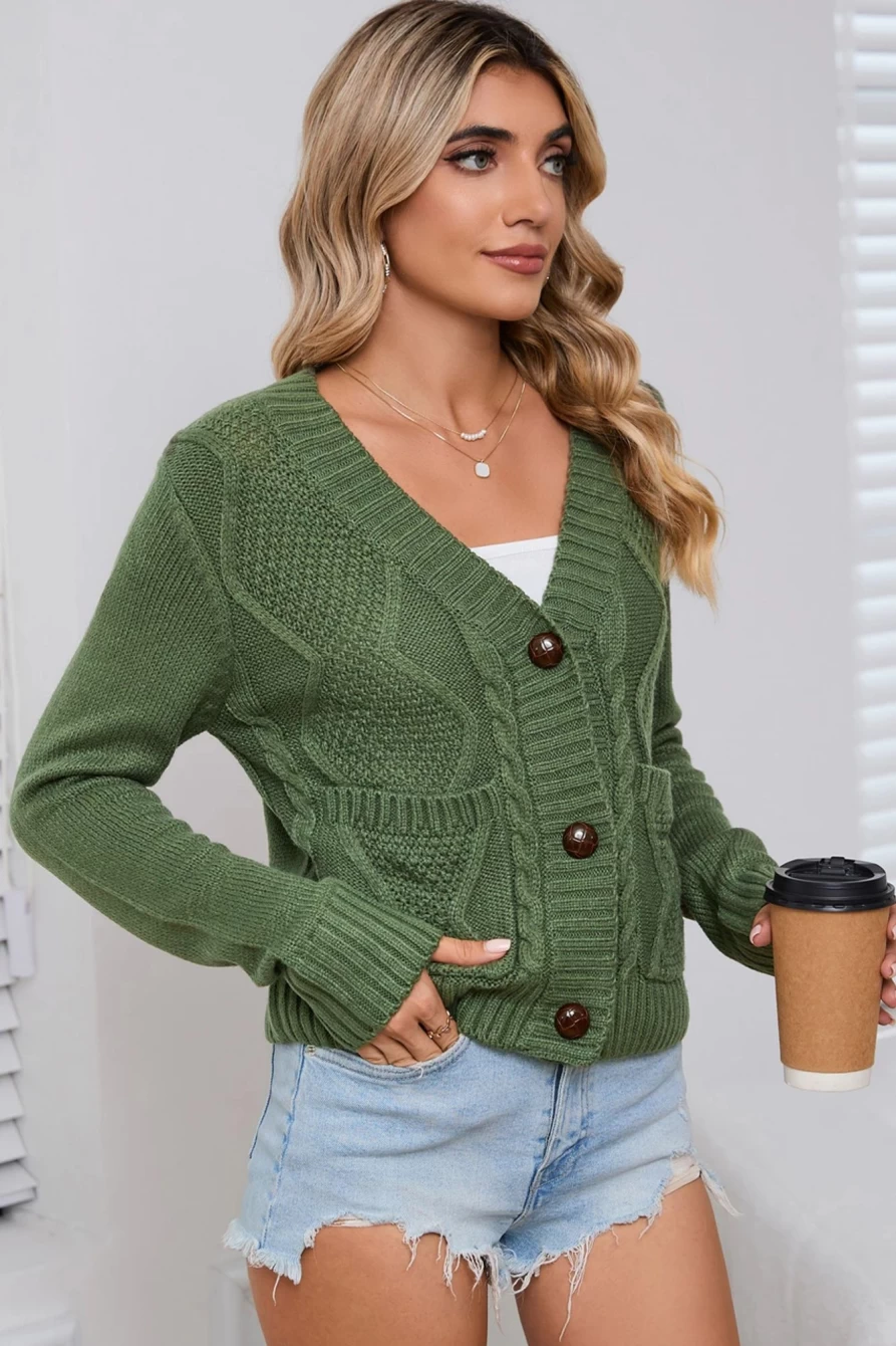 Women's Green Textured Cropped Cardigan Sweater with Pocket Buttons - Shewin