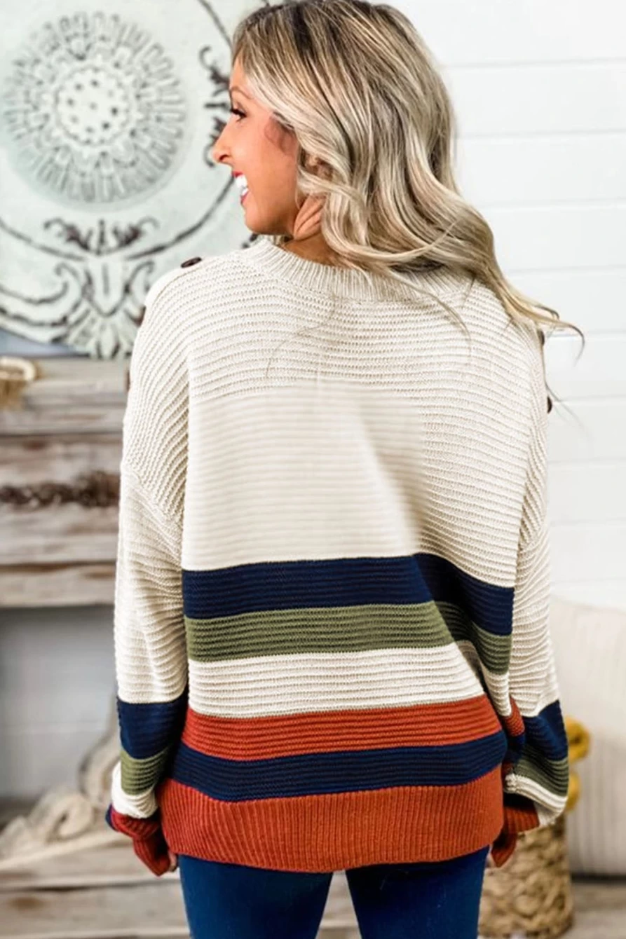 Women's Shewin White Colorblock Striped Drop Shoulder Sweater Pullover