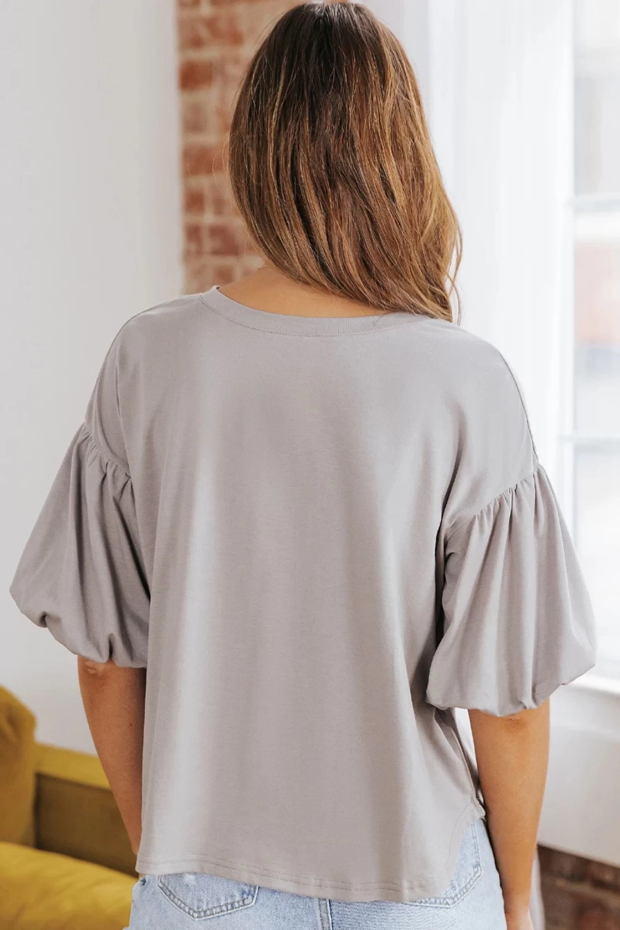 Shewin Women's Gray Solid Color Casual Bubble Sleeve Blouse