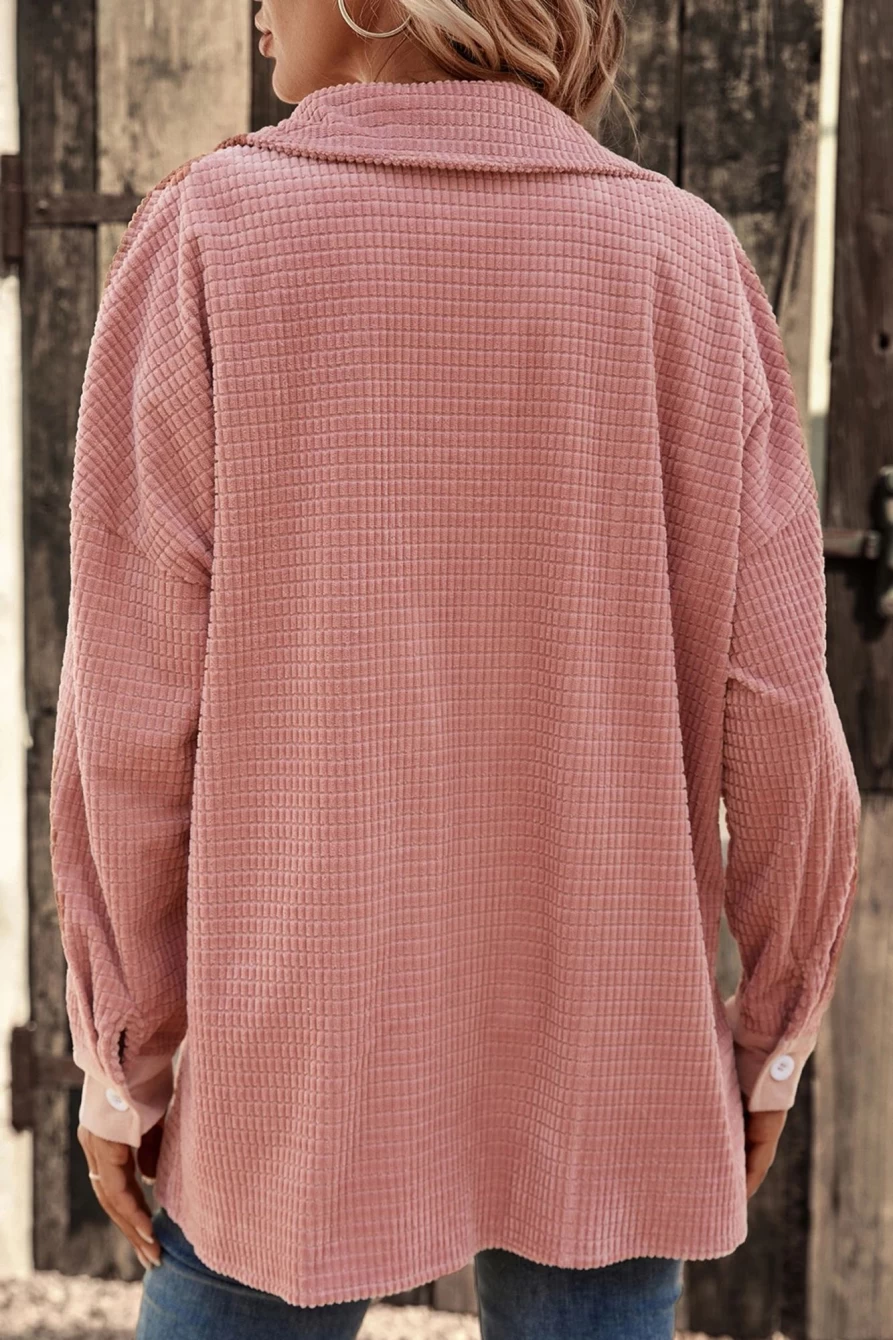 Women's Peach Blossom Textured Shacket with Flap Pockets - Drop Shoulder Design by Shewin