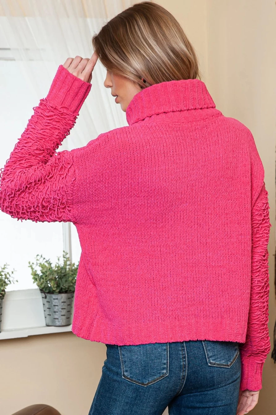 Shewin Women's Pink Cropped Knit Turtleneck Sweater Pullover