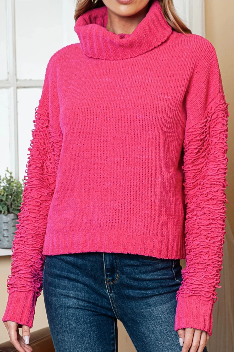 Shewin Women's Pink Cropped Knit Turtleneck Sweater Pullover