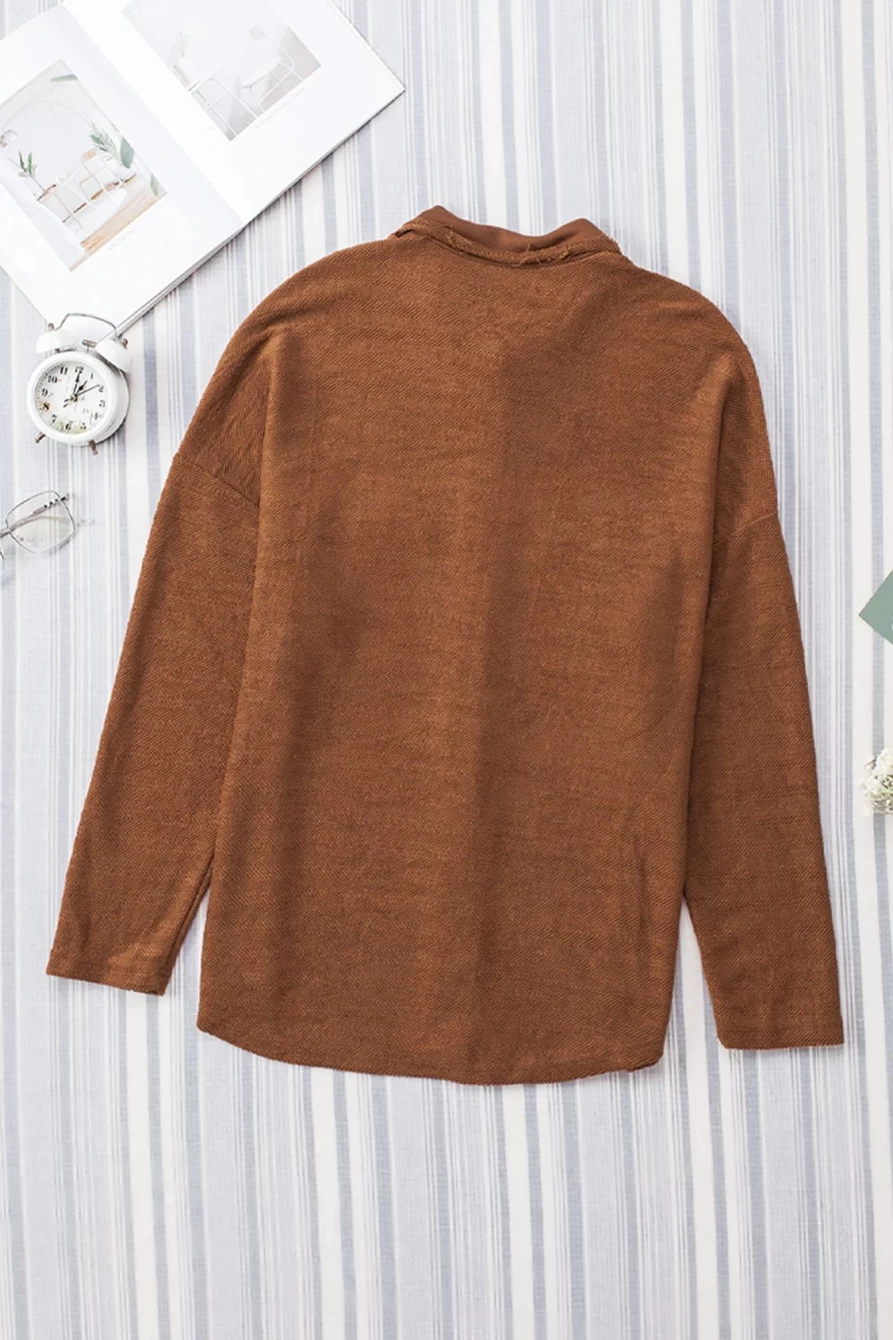 Women's Brown Solid Color Textured Button-Up Shacket with Pockets by Shewin