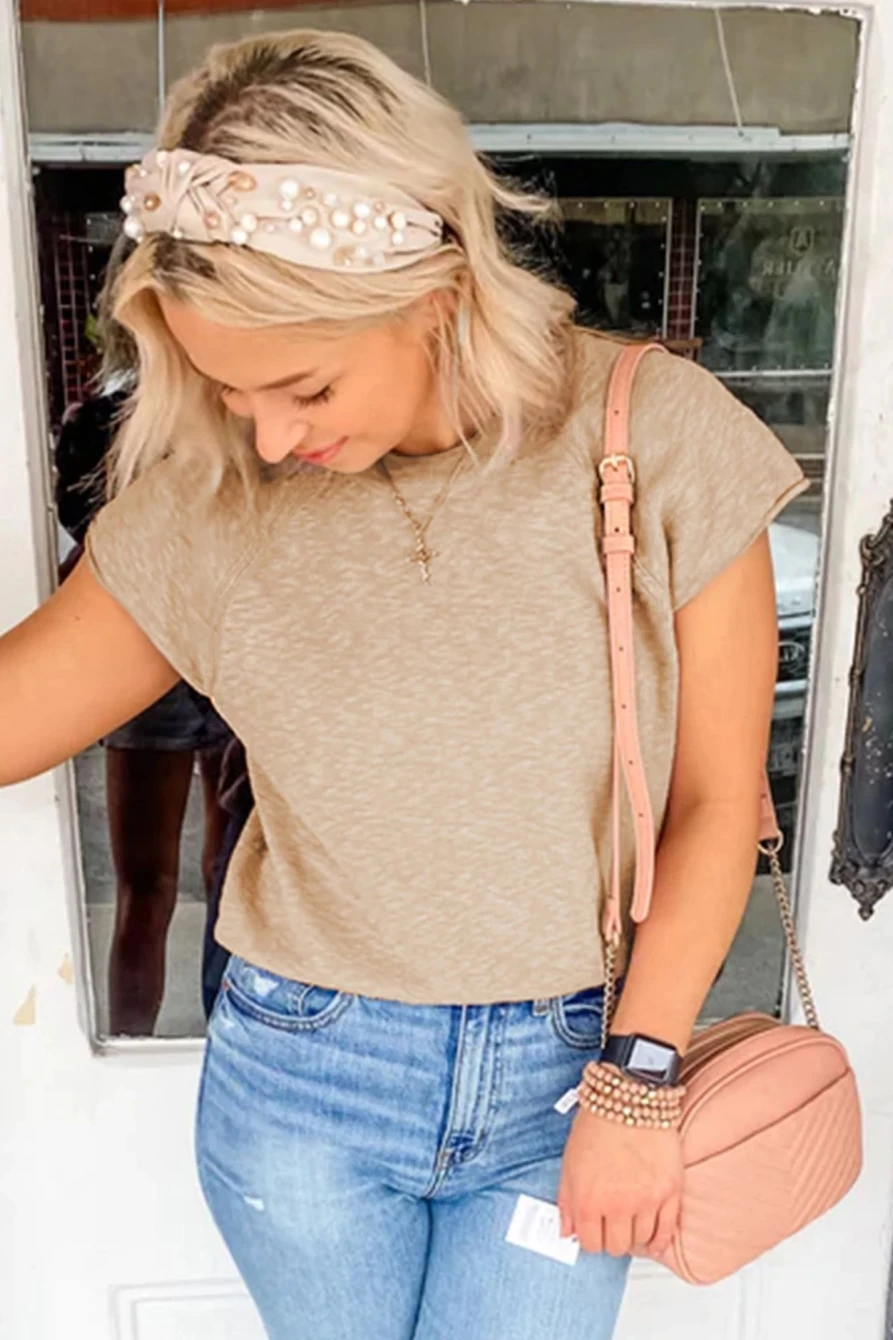 Women's Smoke Gray Round Neck Short Sleeve Knitted T-Shirt | Shewin Casual Raglan Tee
