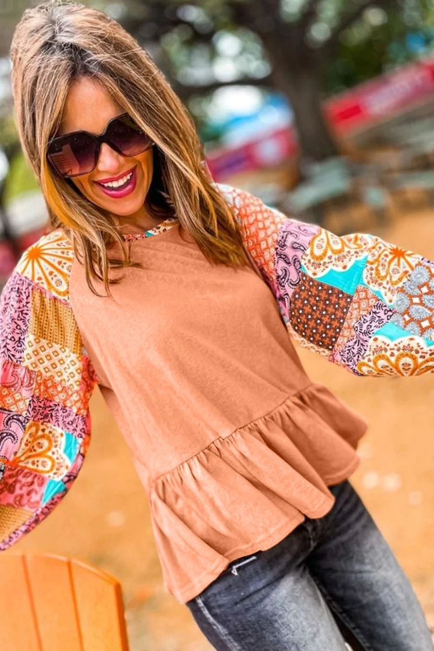 "SheWin Women's Orange Boho Floral Patchwork Blouse with Ruffle Sleeves & Hem"