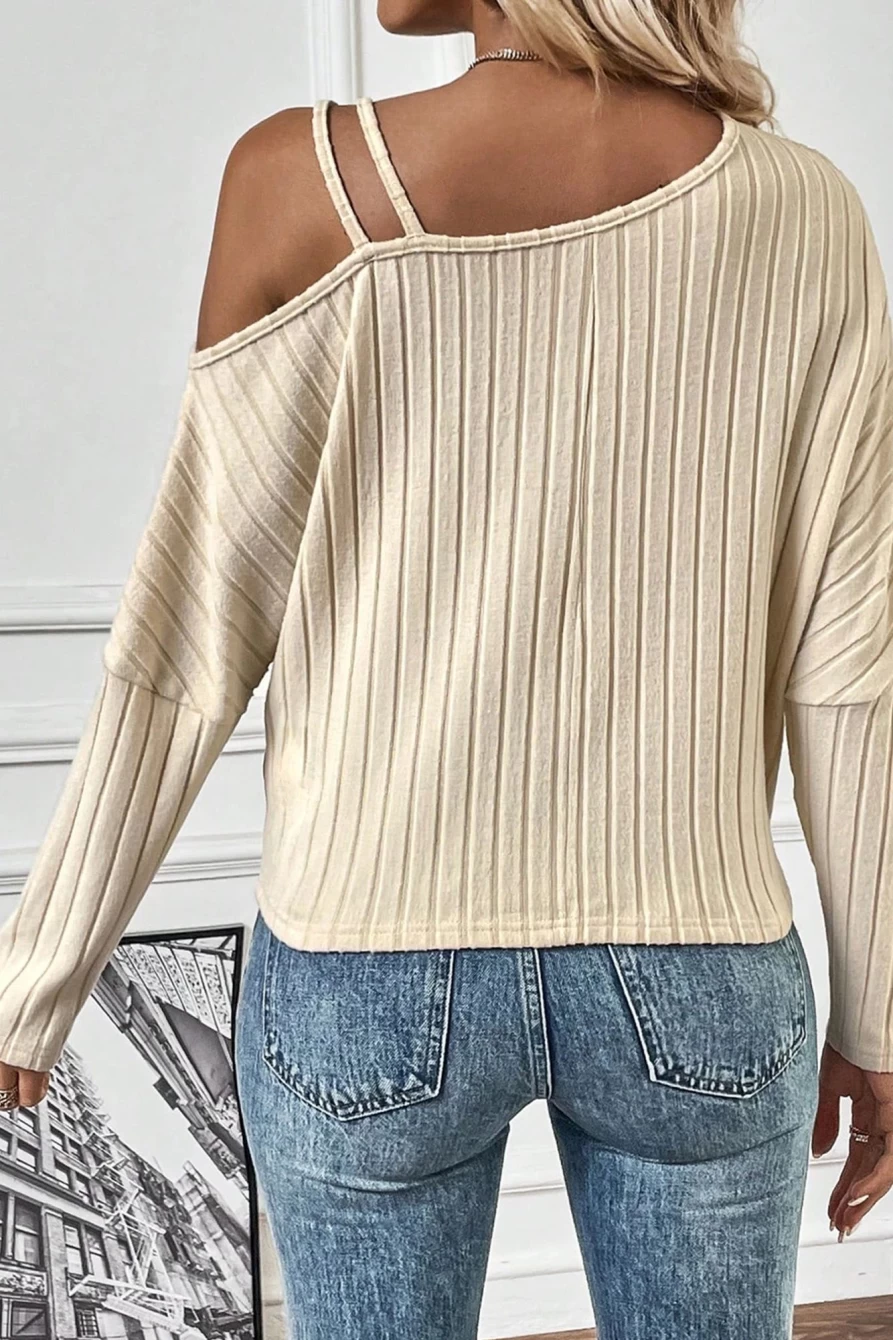 Shewin Women's Apricot Ribbed Asymmetrical Neck Batwing Sleeve Twist Hem T-Shirt