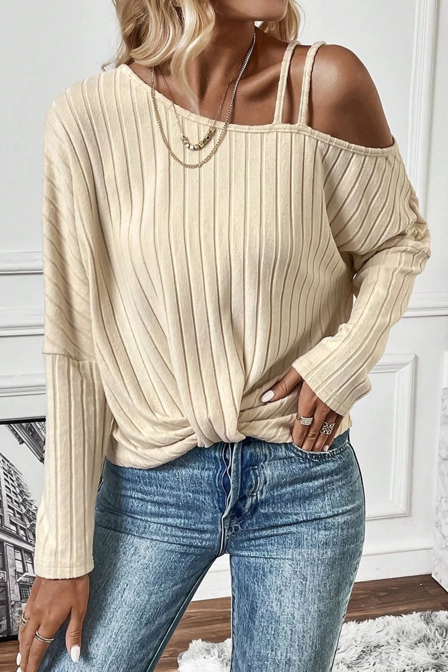 Shewin Women's Apricot Ribbed Asymmetrical Neck Batwing Sleeve Twist Hem T-Shirt