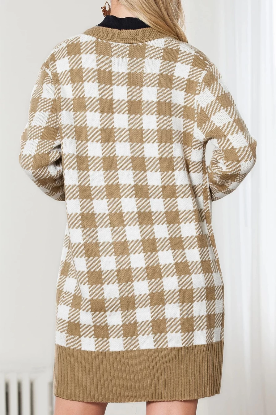 Shewin Women's Khaki Plaid Ribbed Contrast Open Front Long Cardigan Coat
