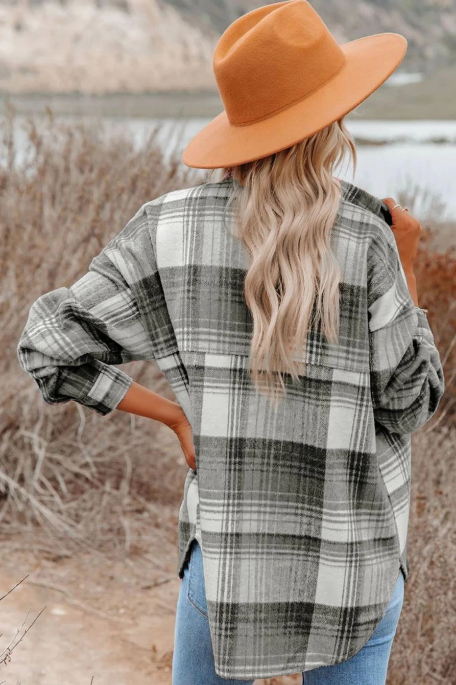 Women's Medium Grey Plaid Flannel Shacket with Button-Up Collar by Shewin