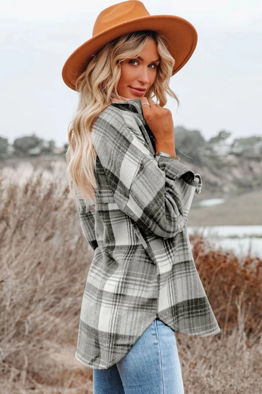 Women's Medium Grey Plaid Flannel Shacket with Button-Up Collar by Shewin