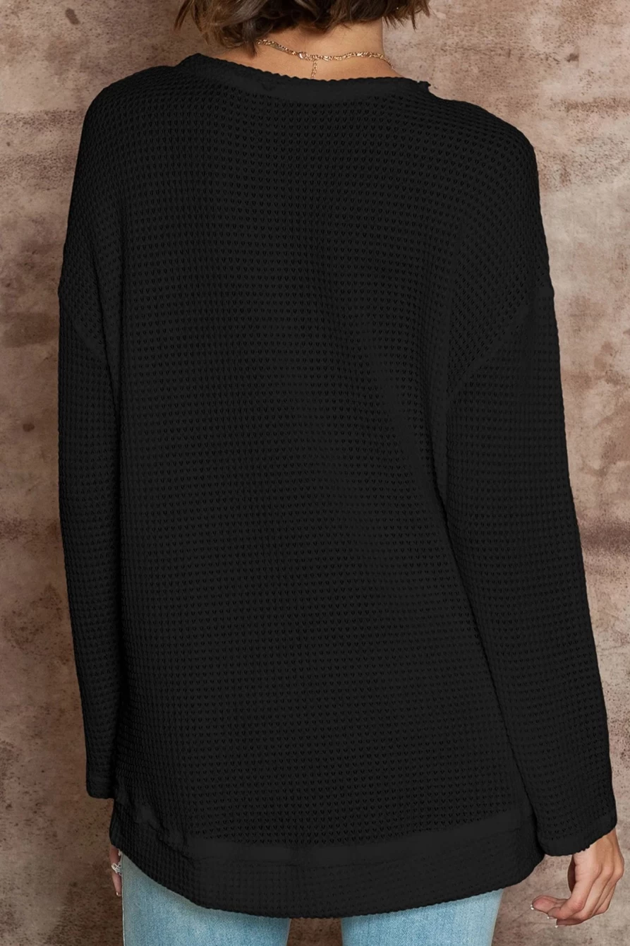 Shewin Women's Black Oversized Waffle Knit Top with Drop Sleeves and Side Slits