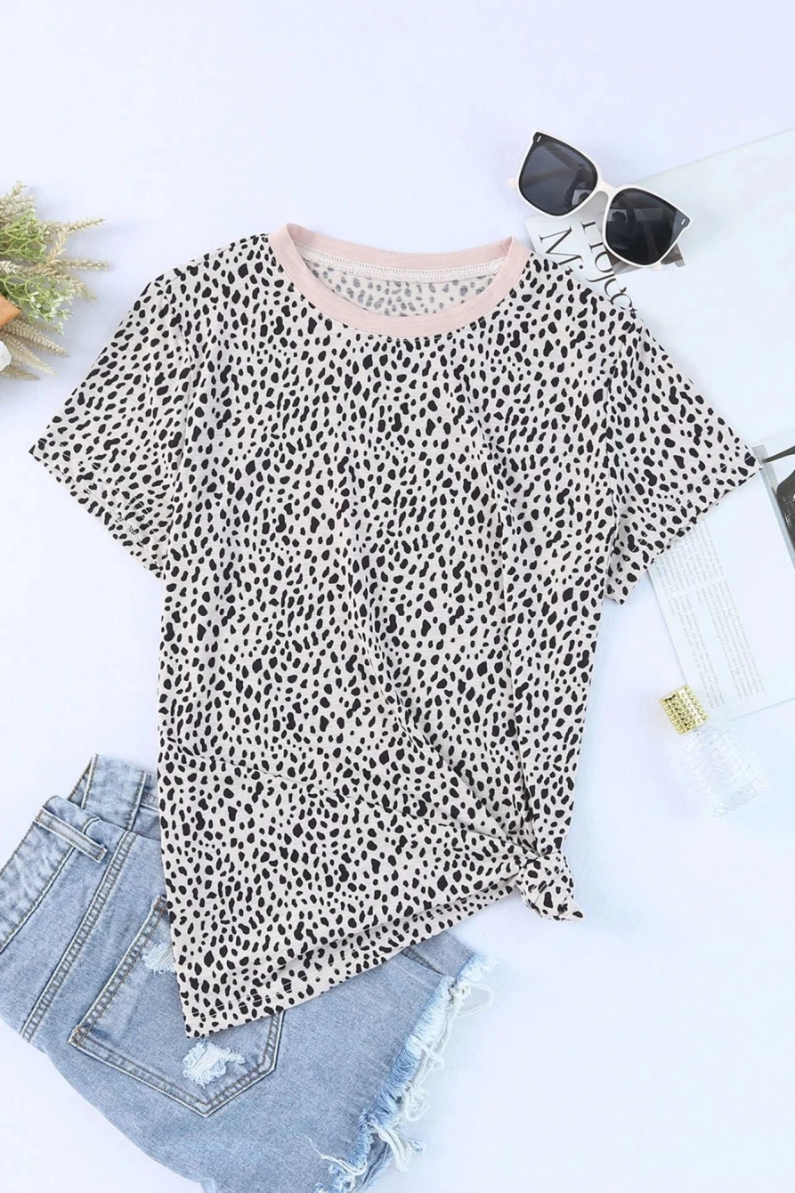 Shewin Women's Apricot Cheetah Print Casual Crew Neck T-Shirt
