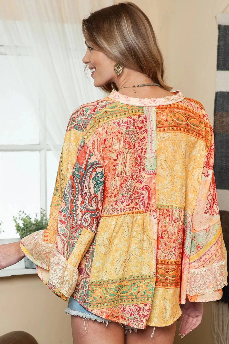 Shewin Women's Multicolor Paisley Print Bell Sleeve Lace V-Neck Sheer Blouse with Button Detail