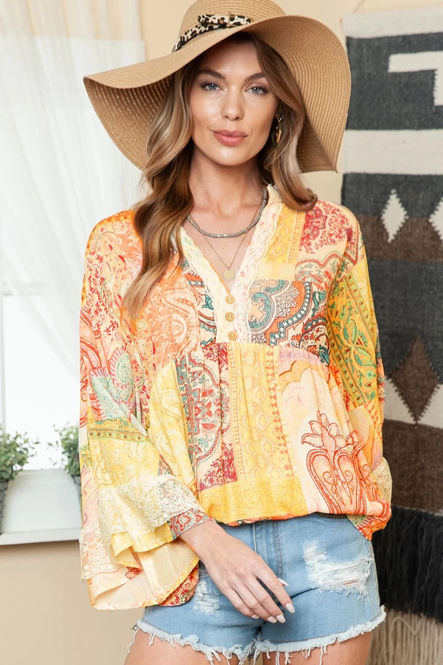 Shewin Women's Multicolor Paisley Print Bell Sleeve Lace V-Neck Sheer Blouse with Button Detail