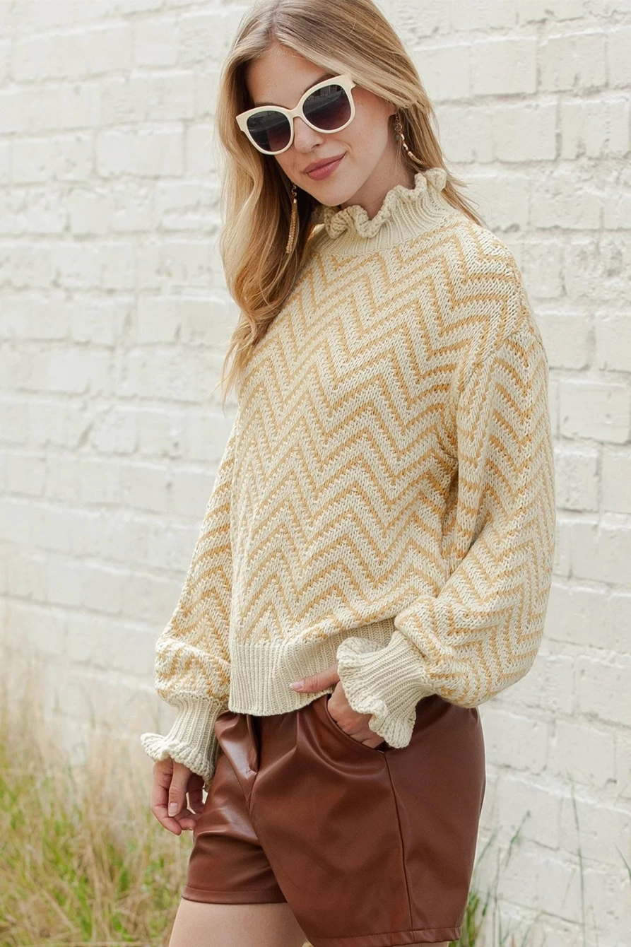 Shewin Women's Khaki Chevron Pattern Mock Neck Cropped Sweater