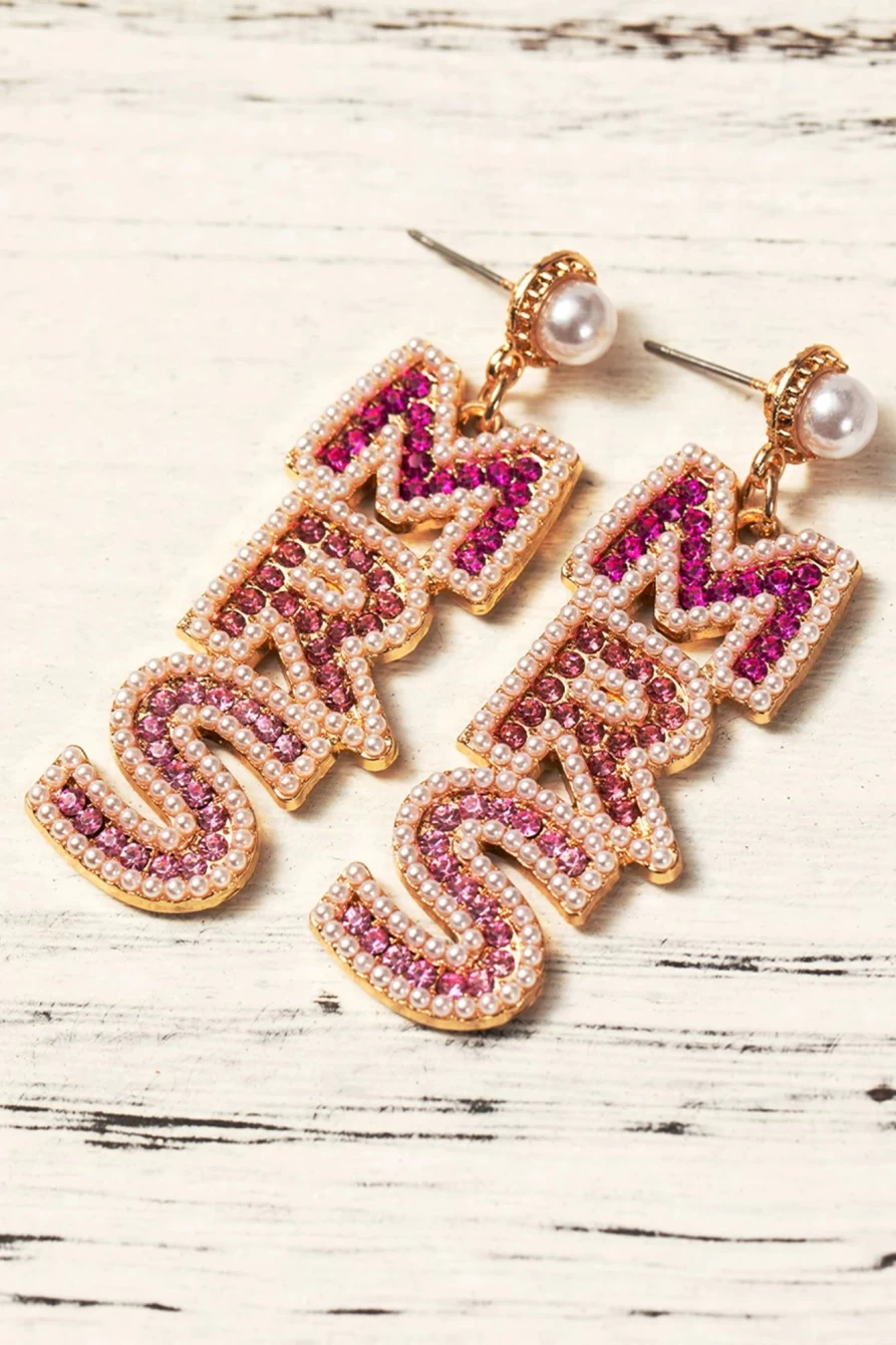 Shewin Pink Rhinestone Pearl Dangle Earrings for Women - Sparkling Studded Drop Earrings