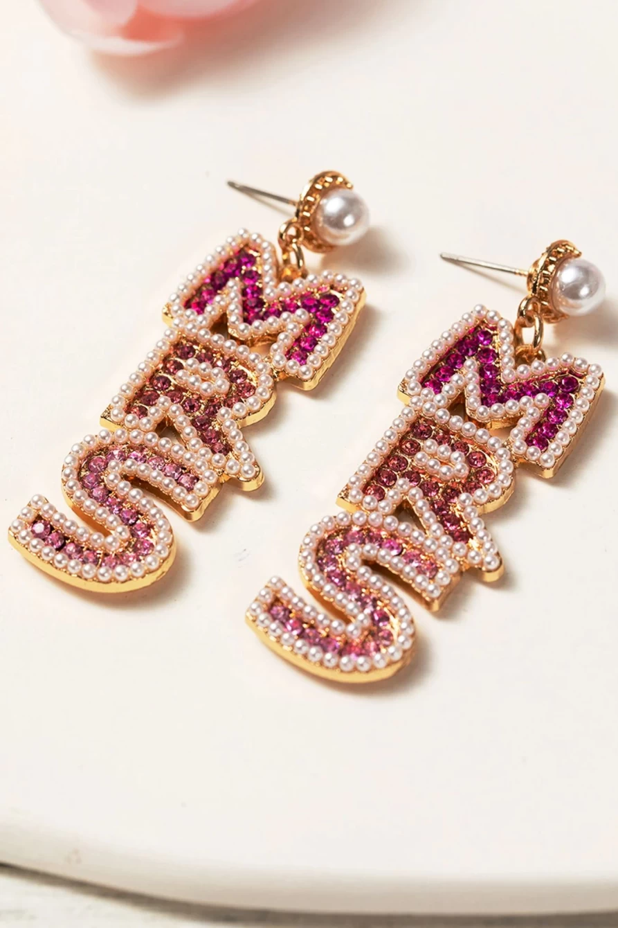 Shewin Pink Rhinestone Pearl Dangle Earrings for Women - Sparkling Studded Drop Earrings