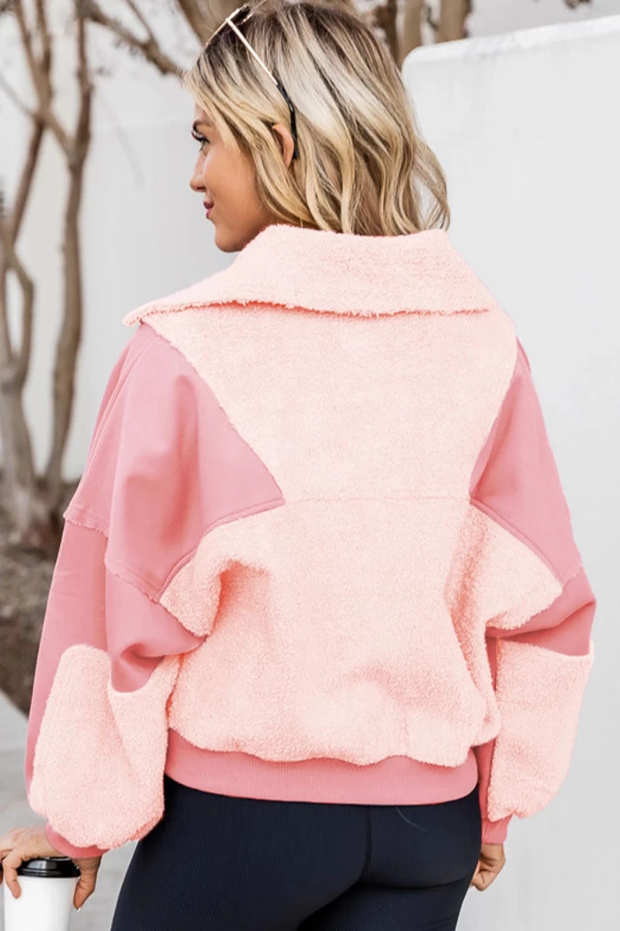 Shewin Women's Pink Fuzzy Patchwork Zip Neck Sweatshirt with Exposed Seam Detail