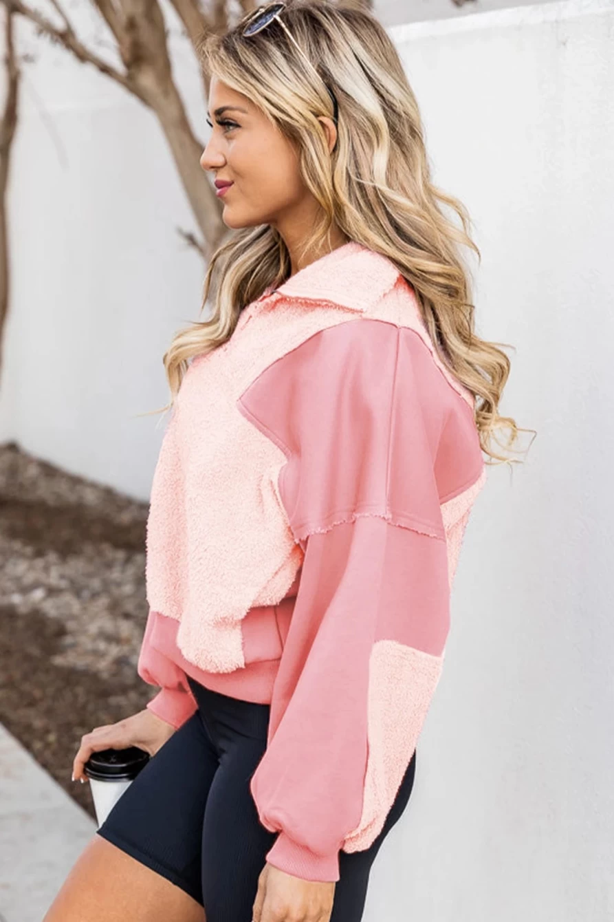 Shewin Women's Pink Fuzzy Patchwork Zip Neck Sweatshirt with Exposed Seam Detail