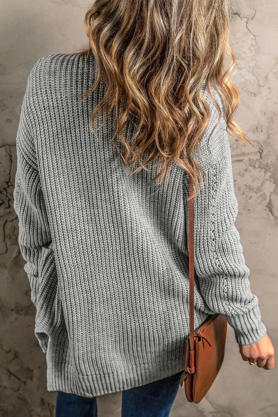 Shewin Women's Gray Solid Color Textured Knit Open Front Cardigan with Pocket