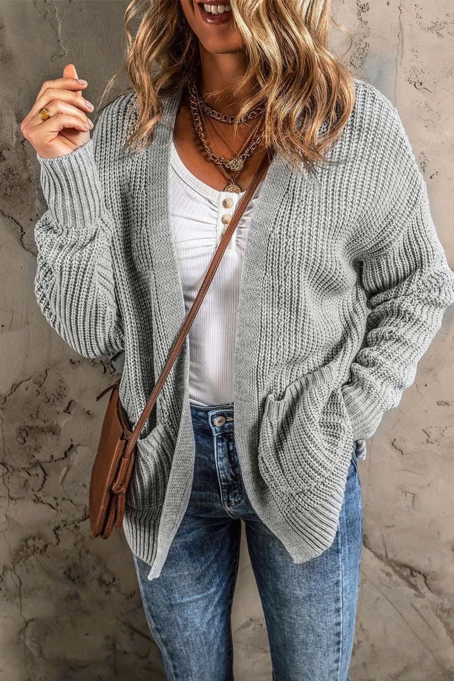 Shewin Women's Gray Solid Color Textured Knit Open Front Cardigan with Pocket