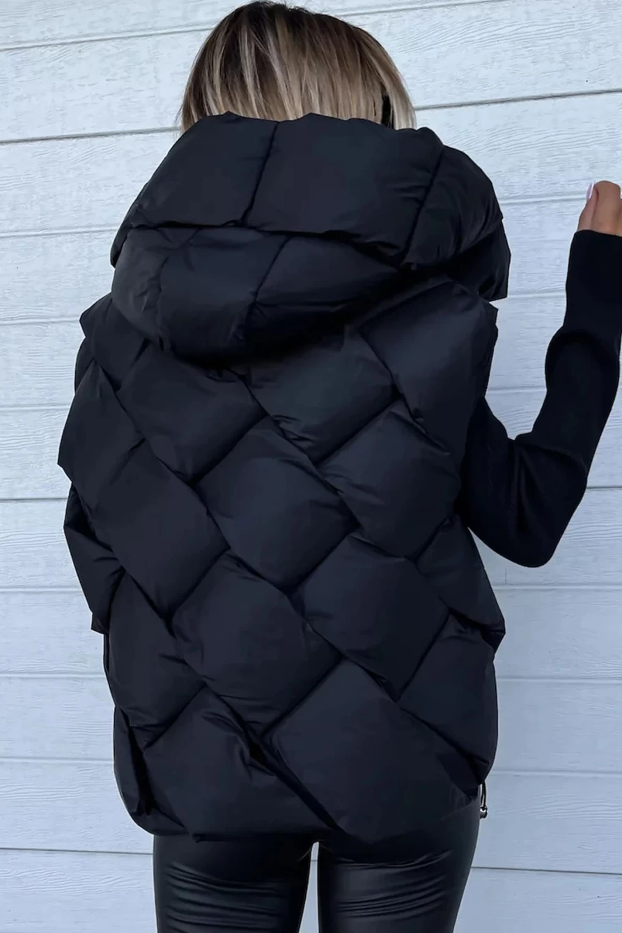 Shewin Women's Black Quilted Thermal Hooded Vest with Zipper Front Coat