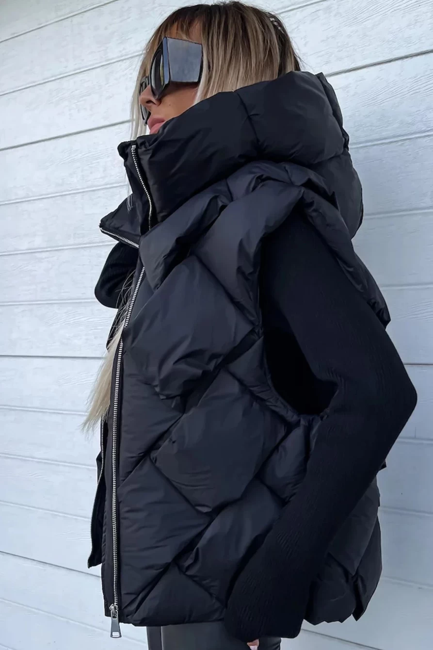 Shewin Women's Black Quilted Thermal Hooded Vest with Zipper Front Coat