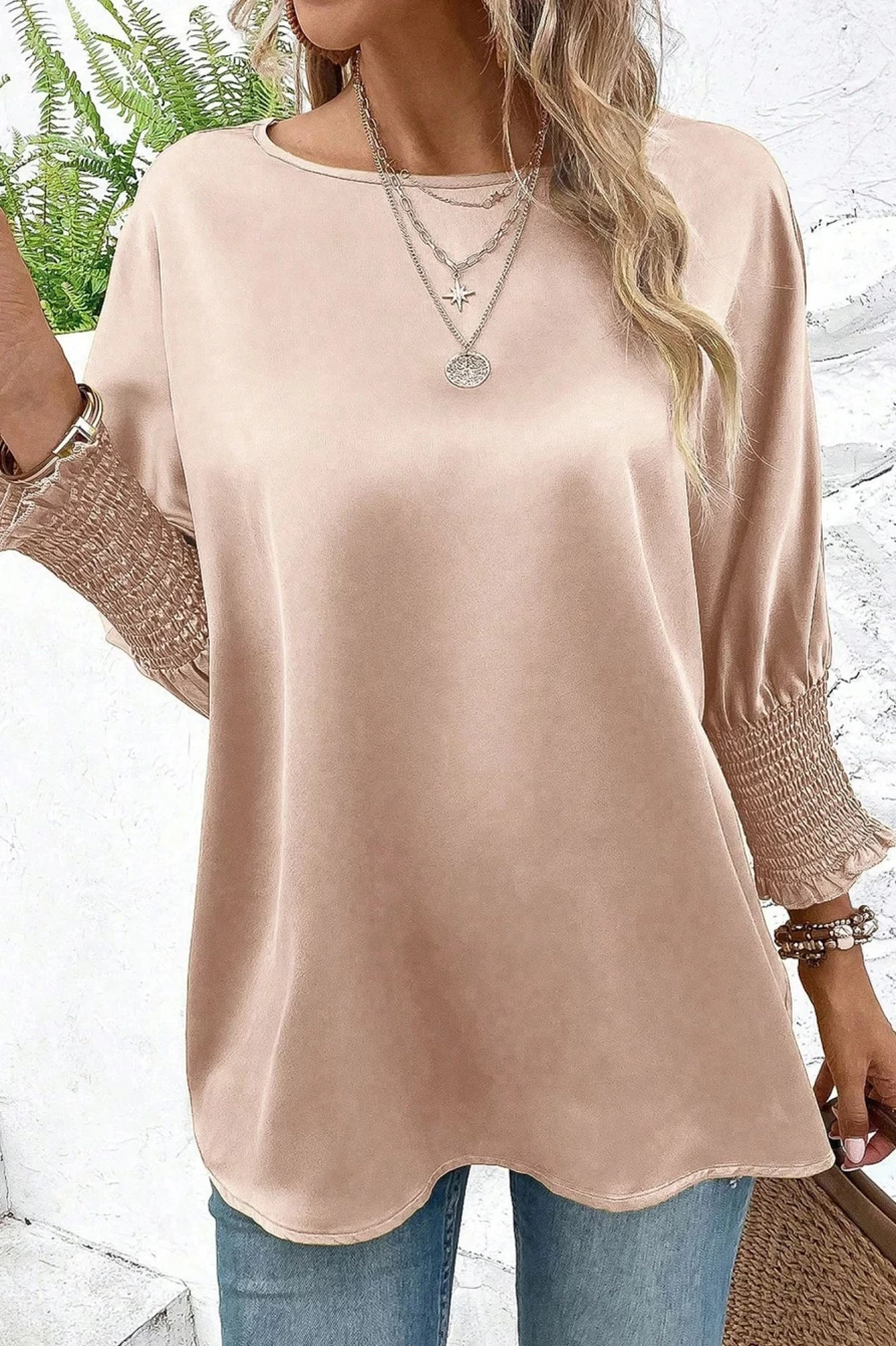 Shewin Women's Smoke Gray Smocked Dolman Sleeve Satin Blouse