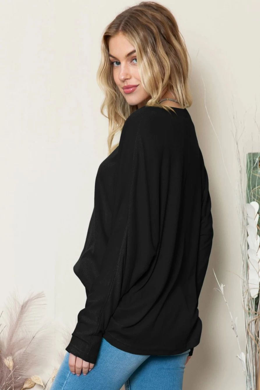 Shewin Women's Black Basic Solid Color Long Sleeve Casual Top