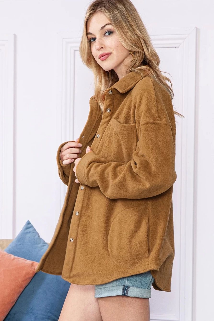 Women's Camel Color Fleece Shacket with Chest Pocket - Shewin Button Up Coat