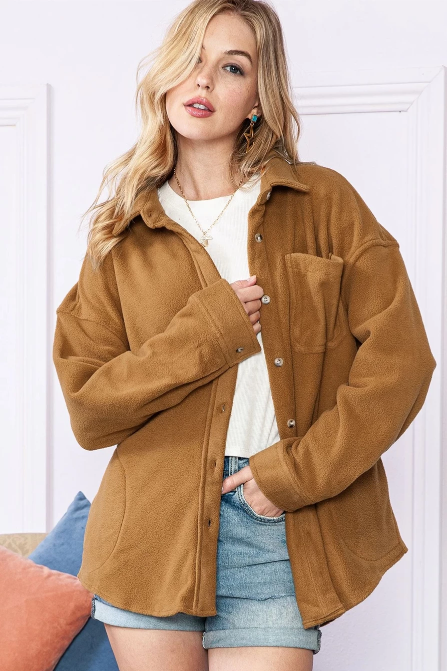 Women's Camel Color Fleece Shacket with Chest Pocket - Shewin Button Up Coat