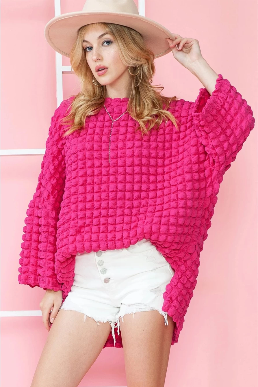 Shewin Women's Rose Red Textured Waffle Knit Bracelet Sleeve Top
