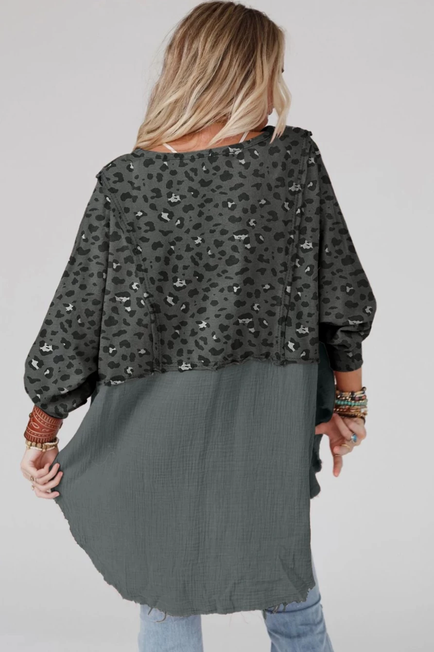 Shewin Women's Gray Leopard Patchwork Oversized Raw Edge T-Shirt