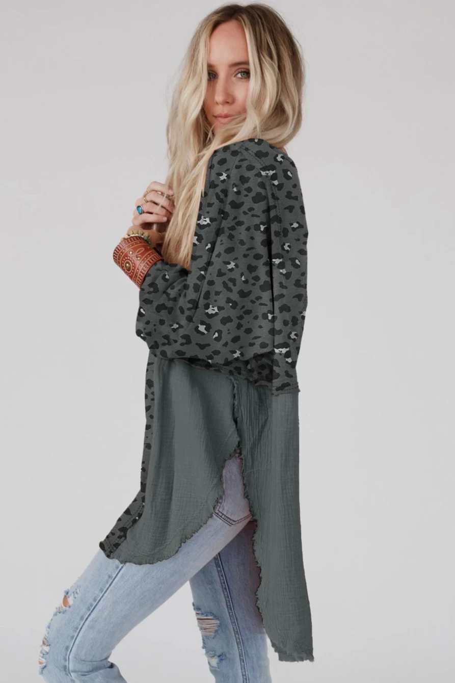 Shewin Women's Gray Leopard Patchwork Oversized Raw Edge T-Shirt