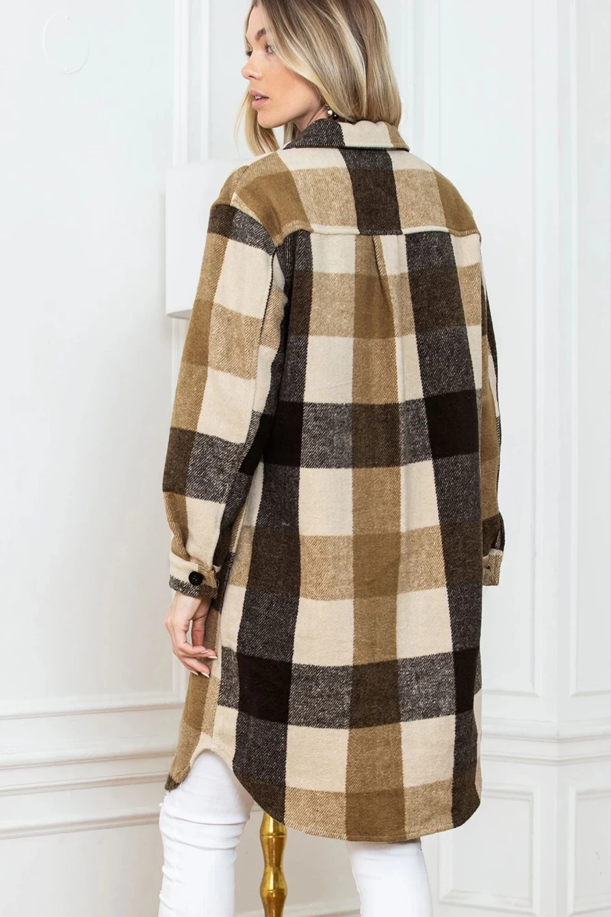 Shewin Women's Khaki Plaid Long Shacket with Colorblock Design & Button-Down Flap Pockets