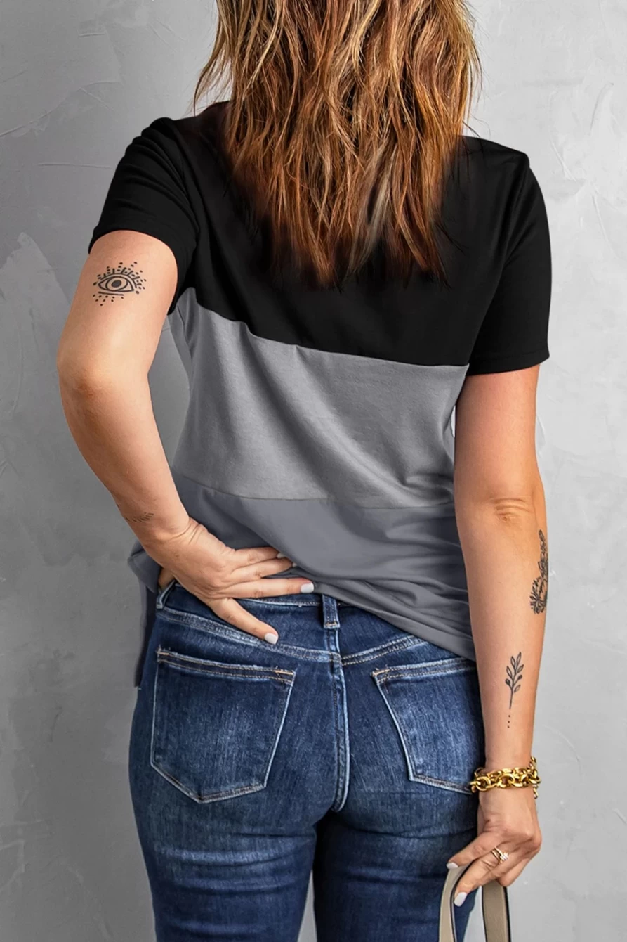 Shewin Women's Black Casual Colorblock T-Shirt