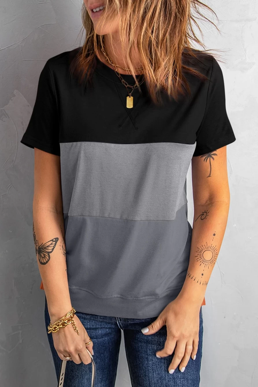 Shewin Women's Black Casual Colorblock T-Shirt