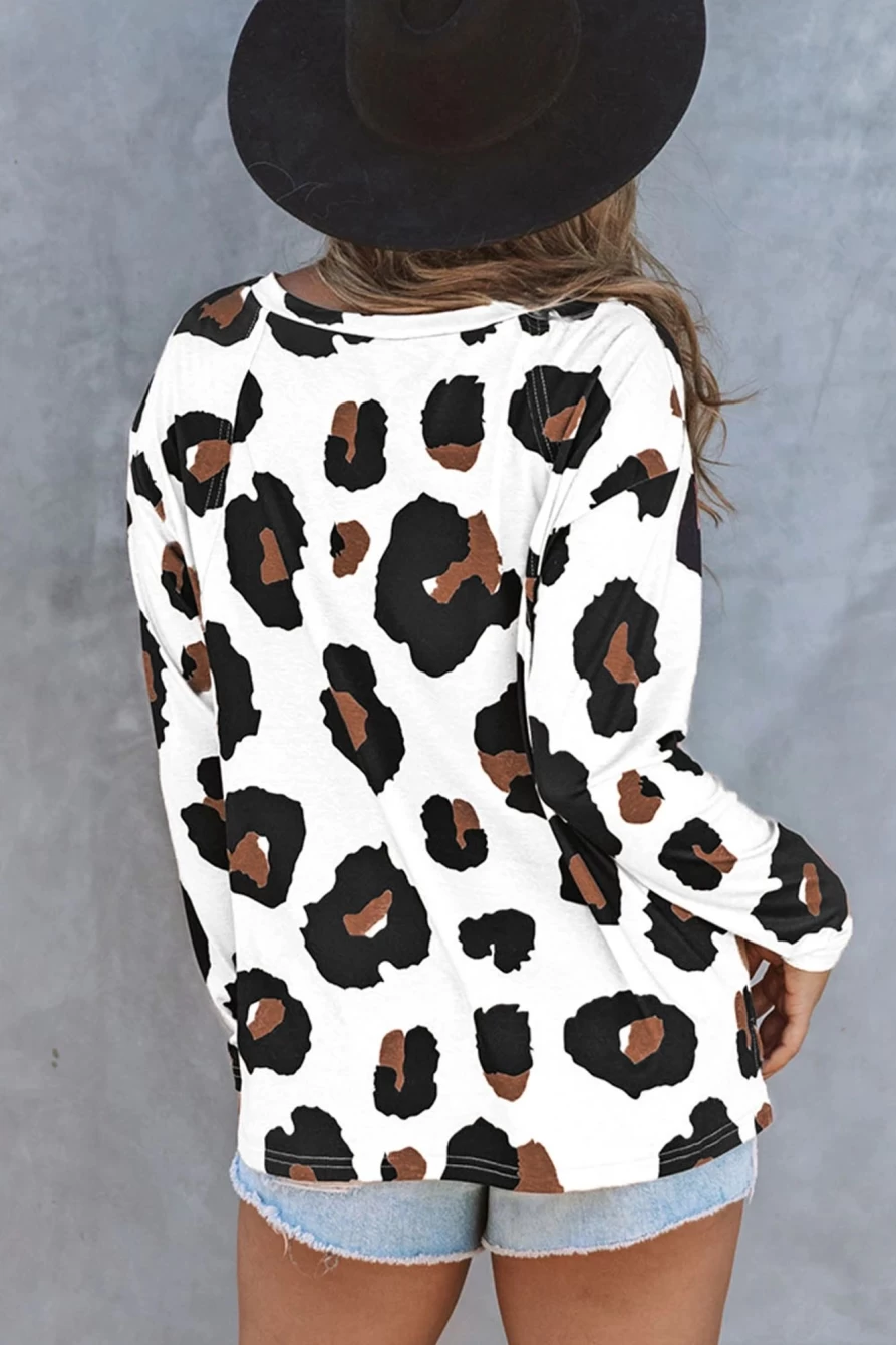 Shewin Women's White Leopard Print Loose Fit Long Sleeve Casual Top