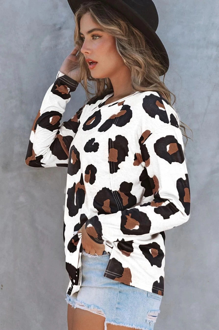 Shewin Women's White Leopard Print Loose Fit Long Sleeve Casual Top