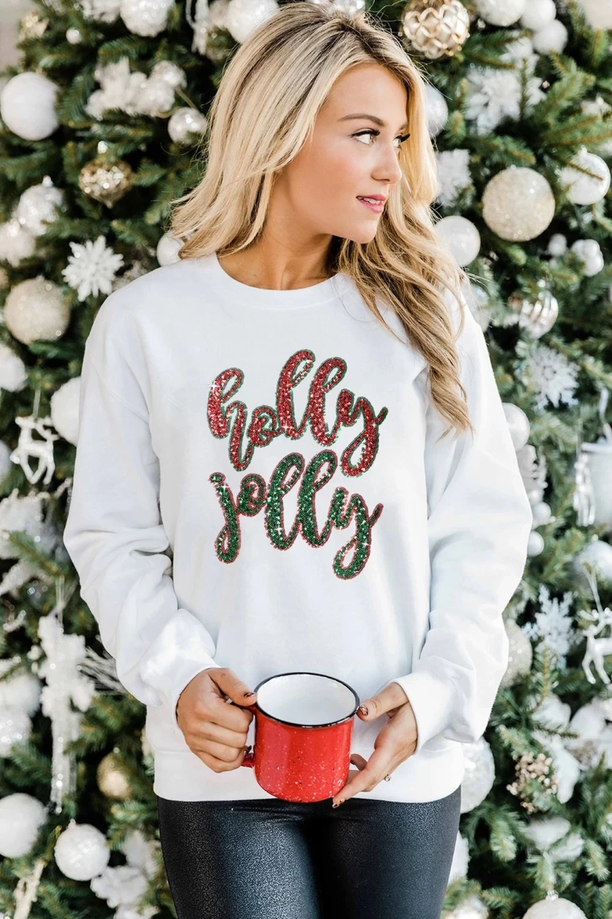 Shewin Women's White Christmas Sequined Holly Jolly Graphic Sweatshirt - Festive Holiday Pullover