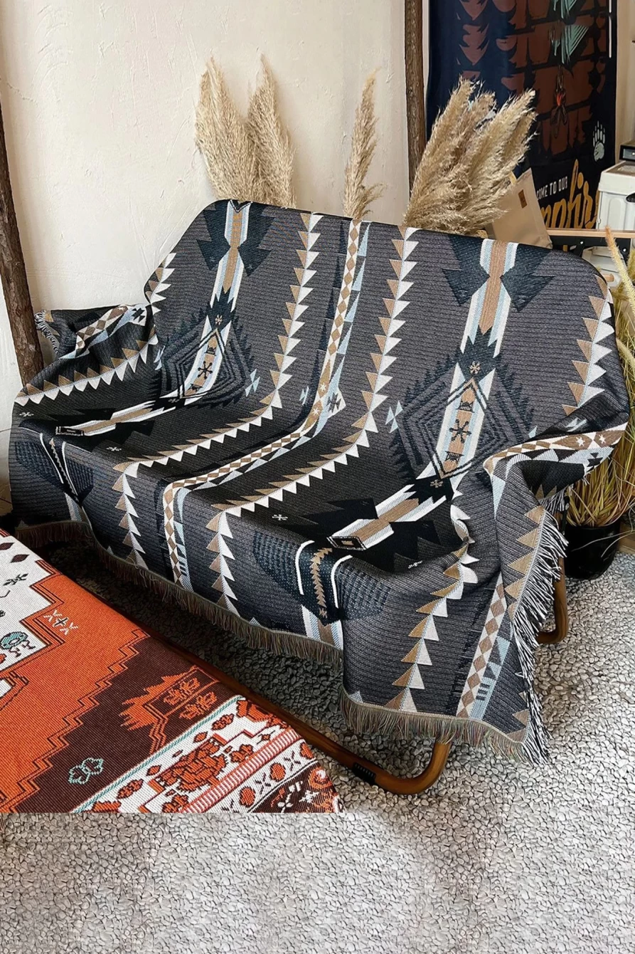 Shewin Navy Blue Geometric Print Tassel Blanket for Women - 130x160 Soft Throw Blanket