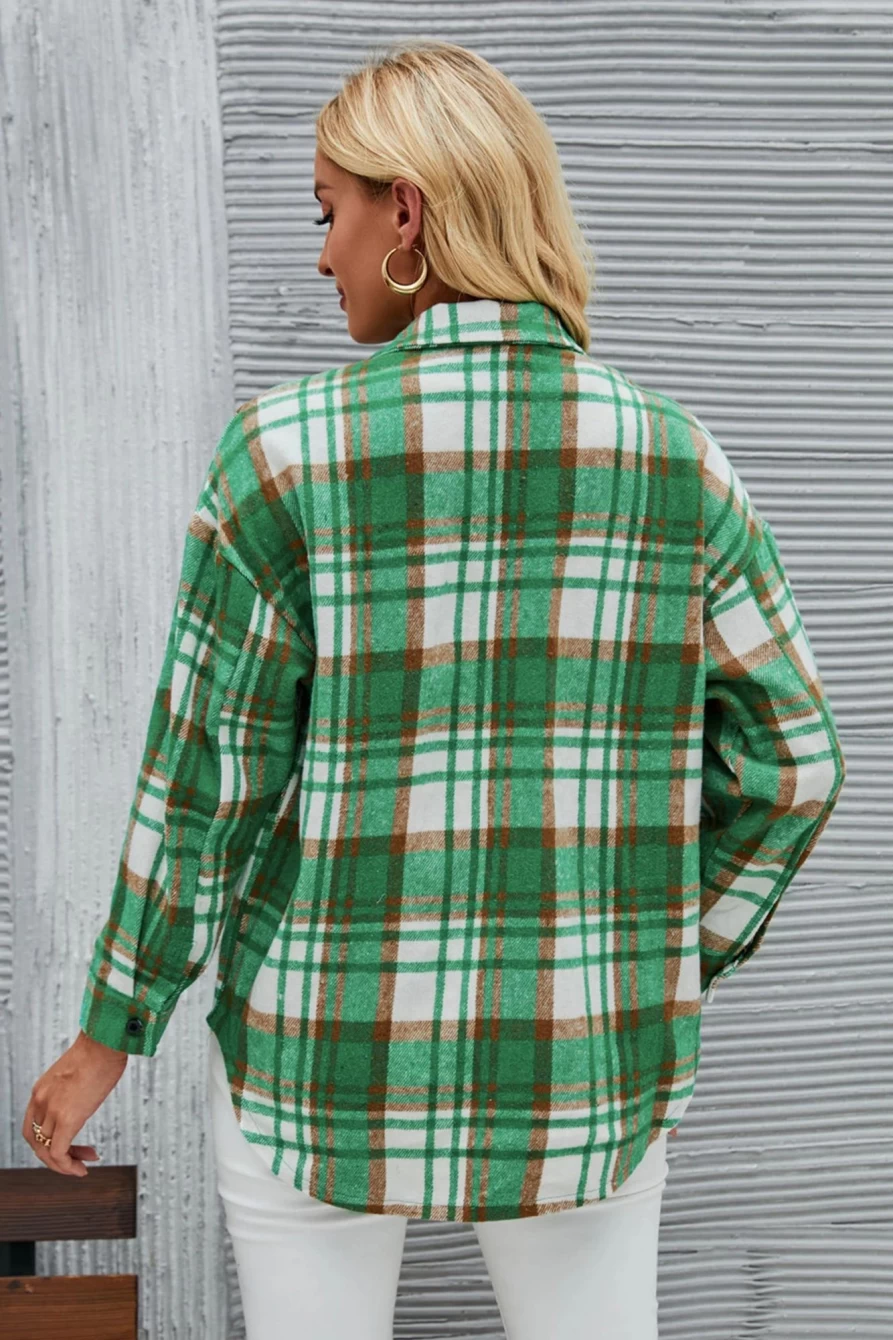 Women's Dark Green Plaid Shacket with Flap Pockets - Shewin Button-Up Overshirt