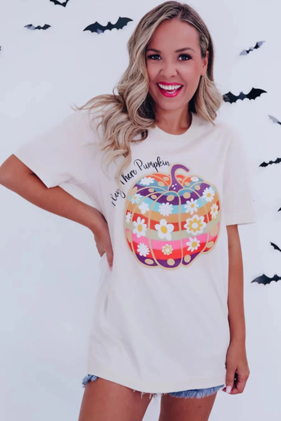 Shewin Women's White Halloween Pumpkin Floral Graphic Print Crew Neck T-Shirt