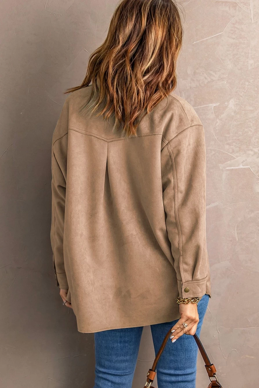 Shewin Women's Khaki Suede Jacket with Button Front Closure for Fall