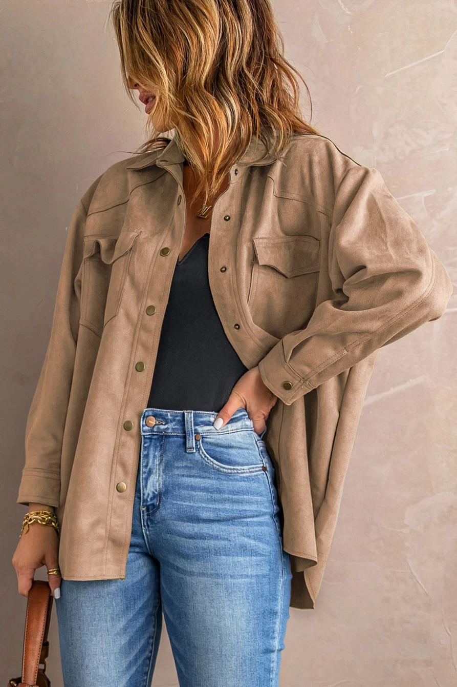 Shewin Women's Khaki Suede Jacket with Button Front Closure for Fall