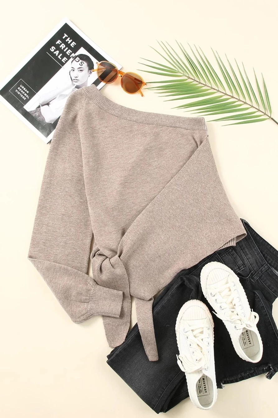 Shewin Women's Khaki One Shoulder Side Tie Knit Sweater