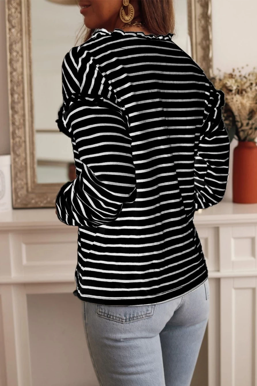 Shewin Women's Black Striped Henley Shirt with Snap Buttons - Casual Long Sleeve Top